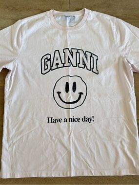 Ganni Have a Nice Day Smiley Short Sleeve Tee Shirt Pink Small Cotton